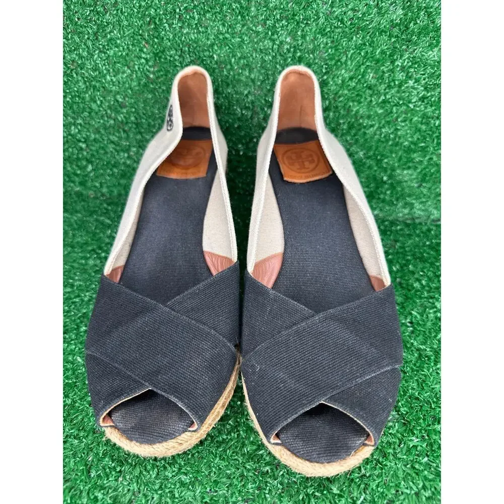 Tory Burch US 10B Filipa Espadrille Wedge Beige Black Heels